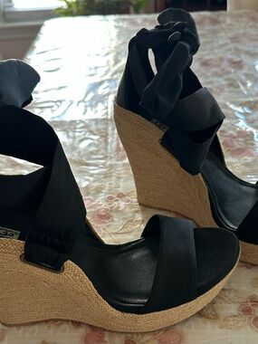 UGG Jules Black Wedge Espadrille Ankle Tie Sandals